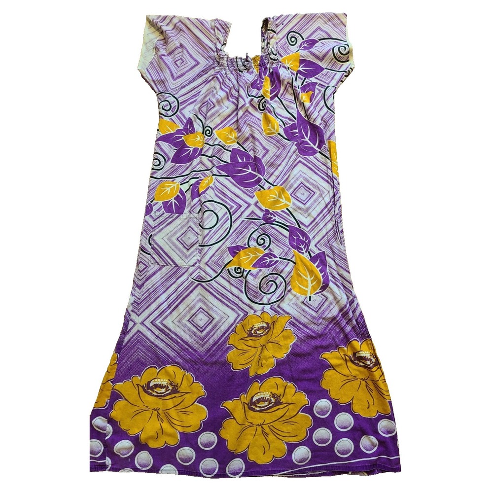 Vtg AKILA Hilo Hattie Hawaiin Floral Maxi 21" Chest Mumu Purple‎ Mustard XXL